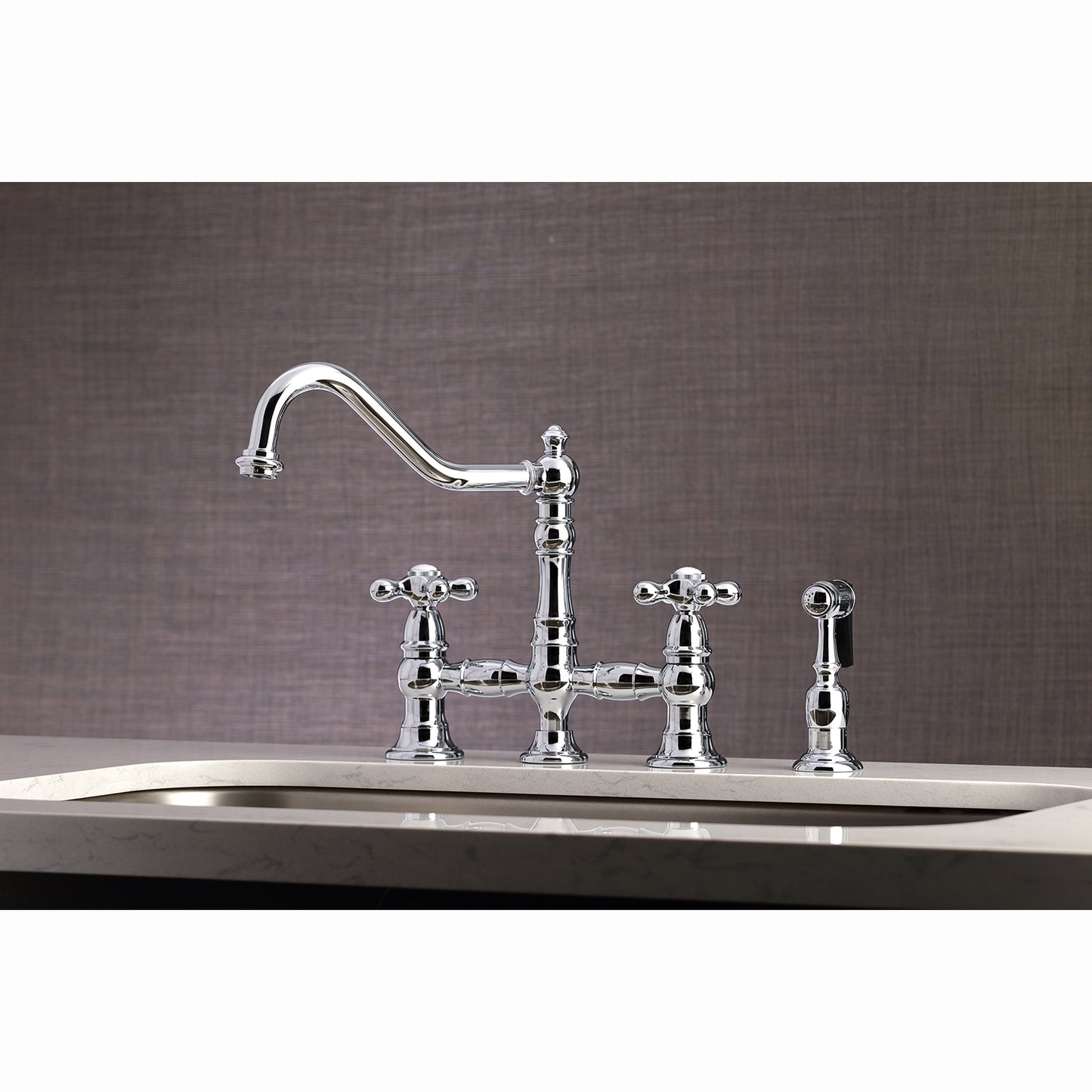 Kingston KS3277AXBS Restoration Bridge Kitchen Faucet with Brass Sprayer, Brushed Brass in a modern kitchen setting