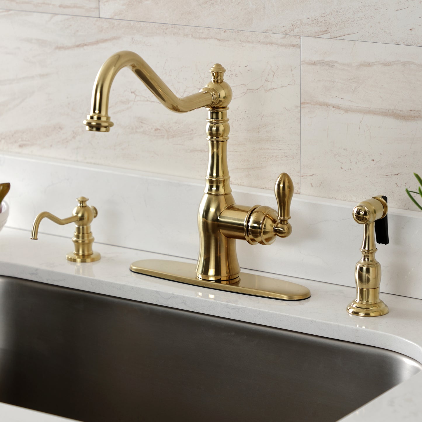 Gourmetier GSY7703ACLBS American Classic Single-Handle Kitchen Faucet with Brass Side Sprayer, Antique Brass