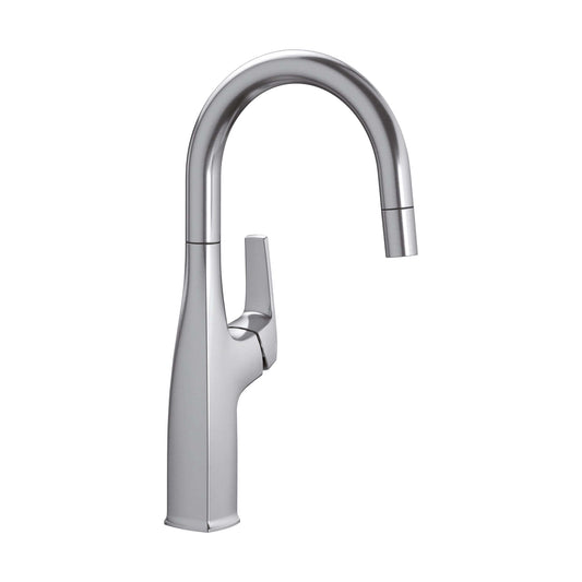 BLANCO Rivana Pull-Down Bar Faucet in sleek stainless steel finish with modern design and ergonomic handle.