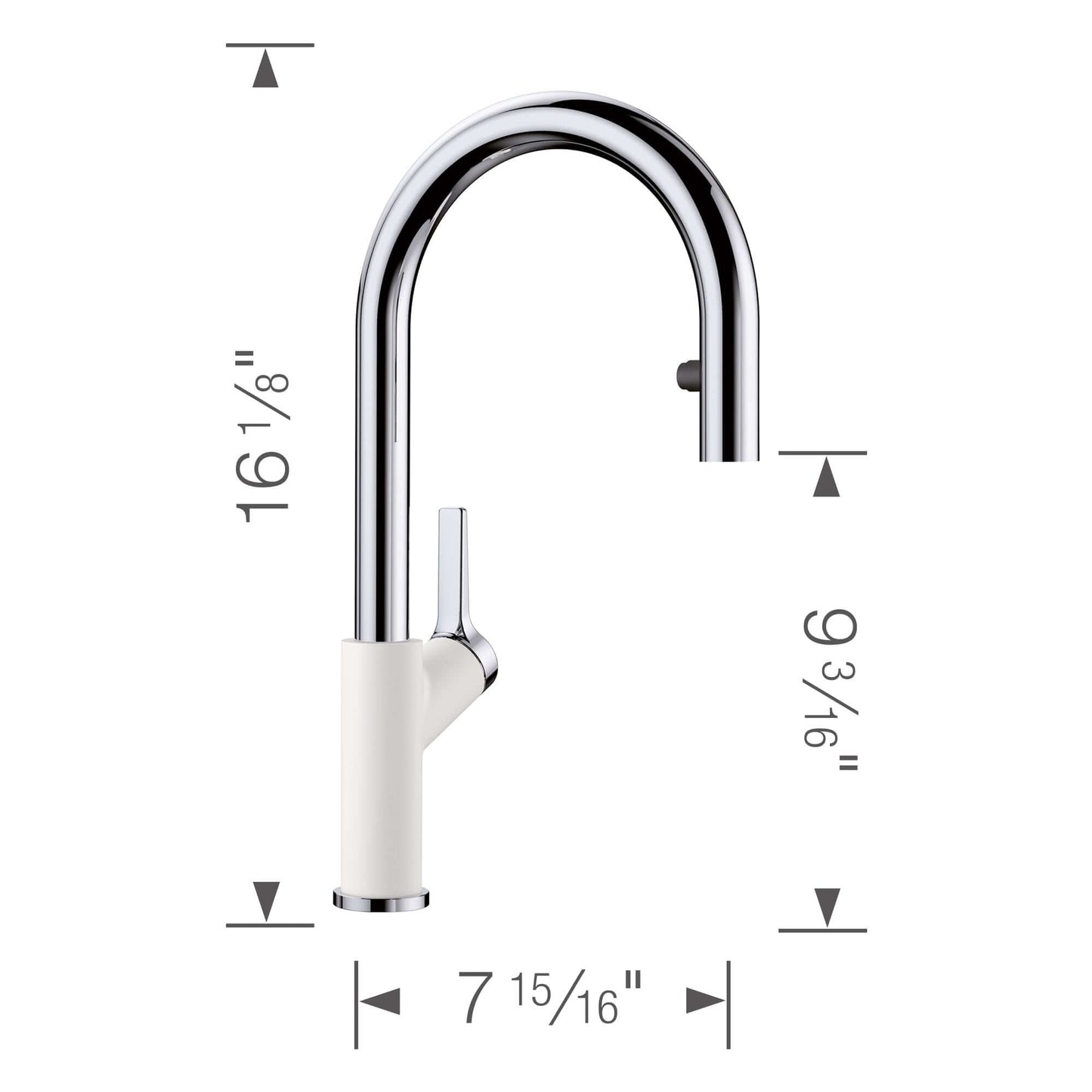 BLANCO Urbena Pull-Down Dual-Spray Kitchen Faucet with measurements showing height and width dimensions.