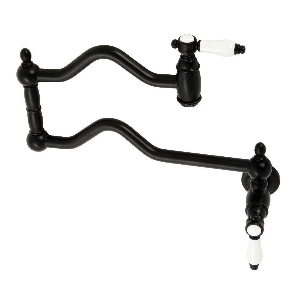 Kingston Brass KS2107BPL Bel-Air Wall Mount Pot Filler Faucet, Brushed Brass in matte black with white porcelain levers