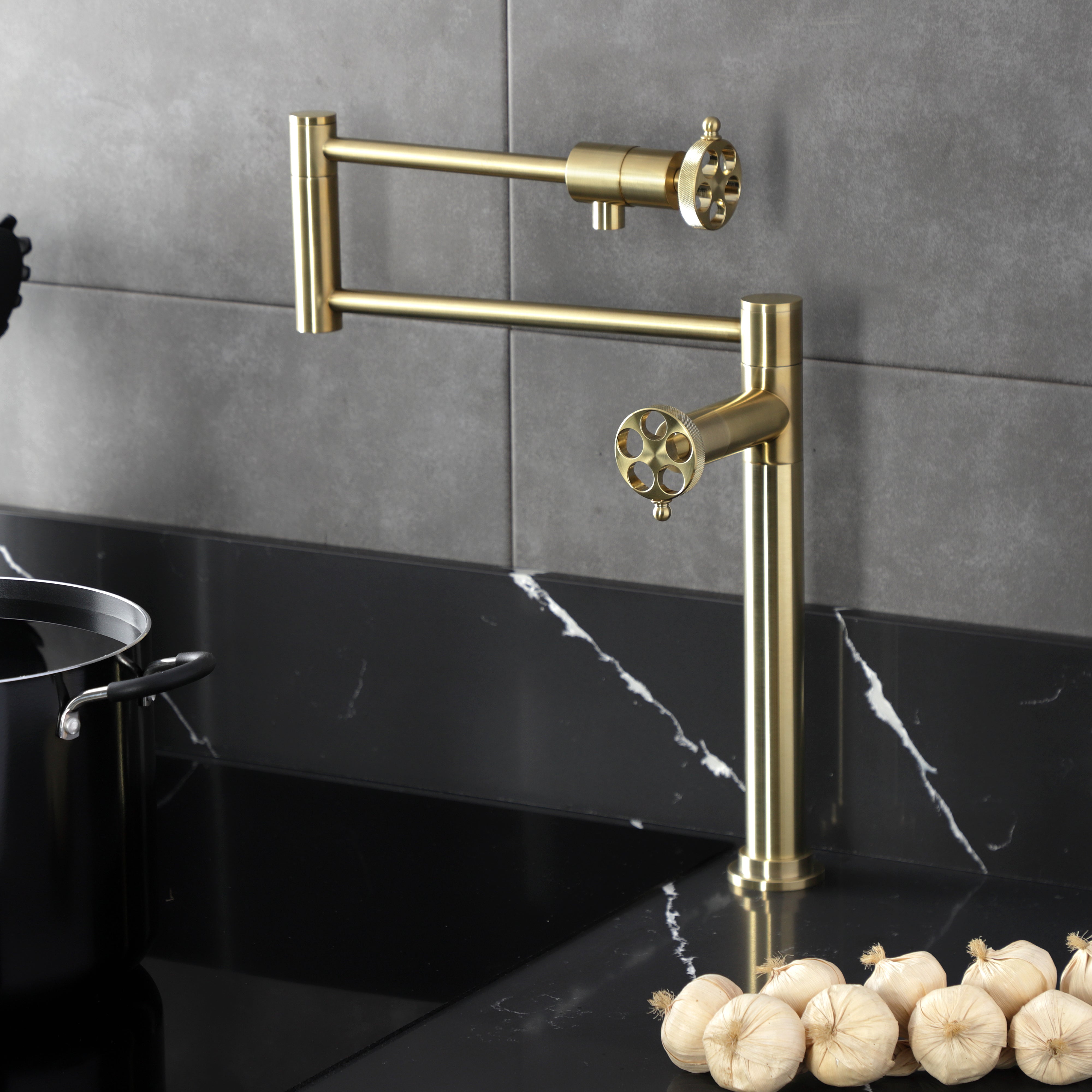 Kingston Brass KS4703RKZ Wendell Deck Mount Pot Filler Faucet with Knurled Handle, Antique Brass in kitchen setting.