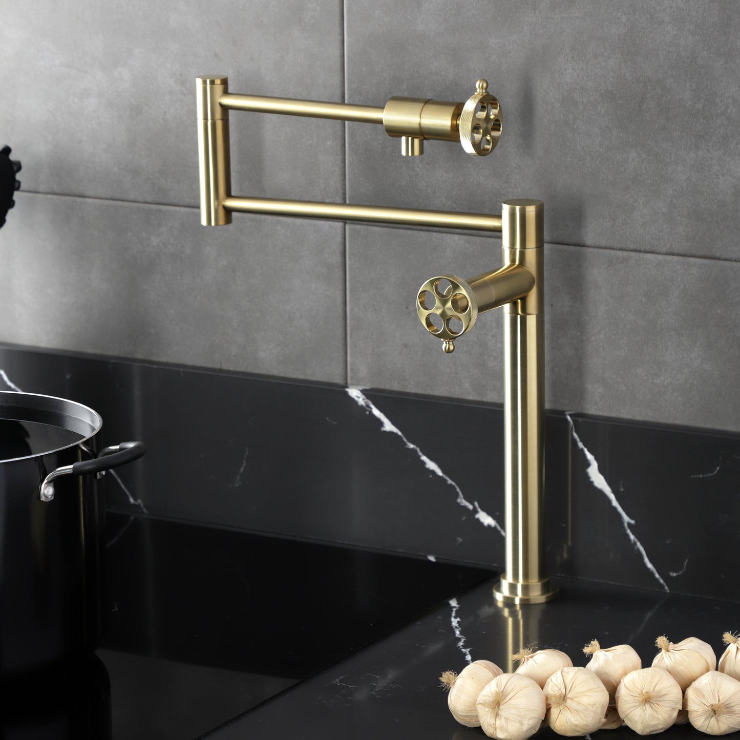 Kingston Brass KS4703RKZ Wendell Deck Mount Pot Filler Faucet with Knurled Handle, Antique Brass in kitchen setting.