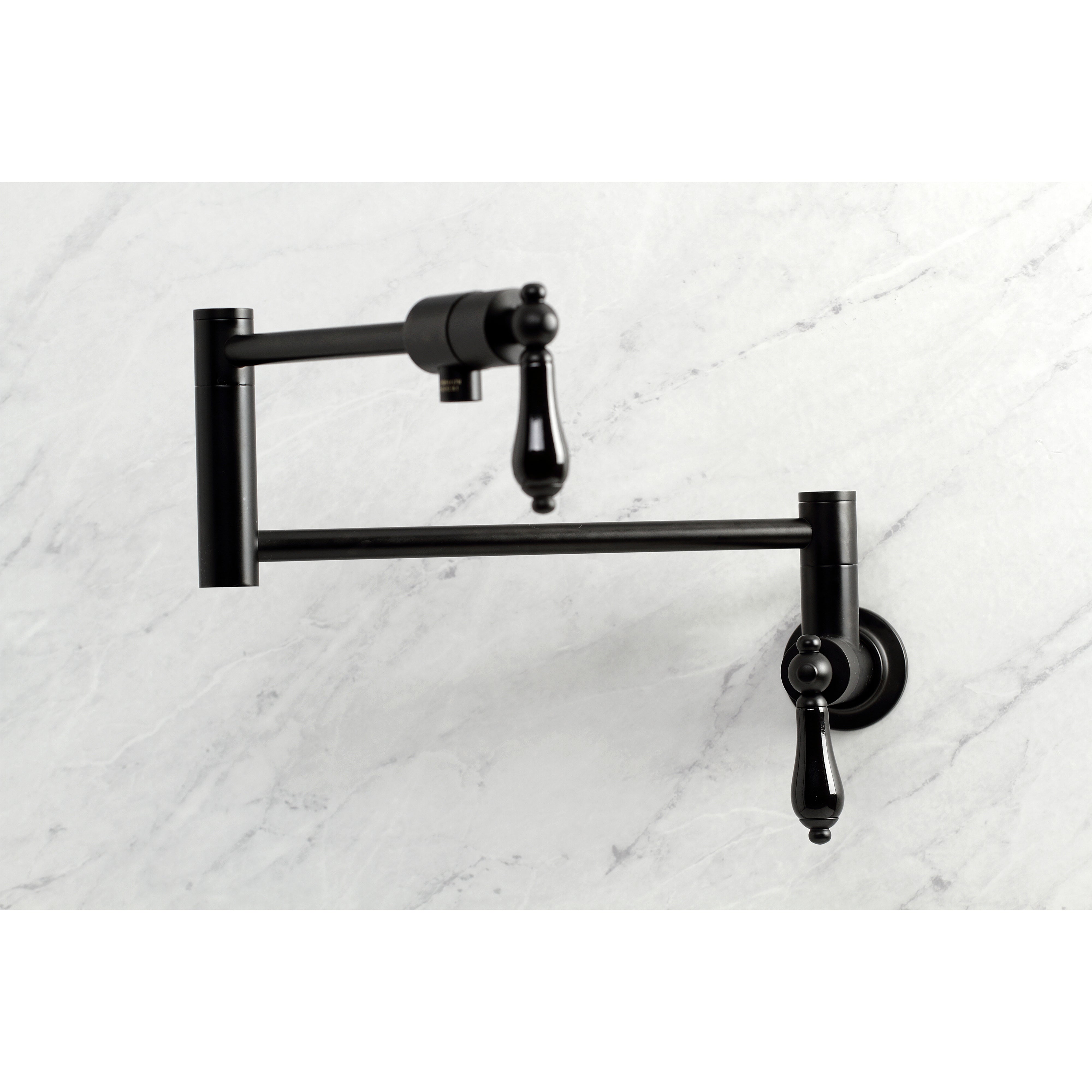 Kingston Brass KS4107PKL Duchess Wall Mount Pot Filler Faucet, Brushed Brass with black porcelain handles