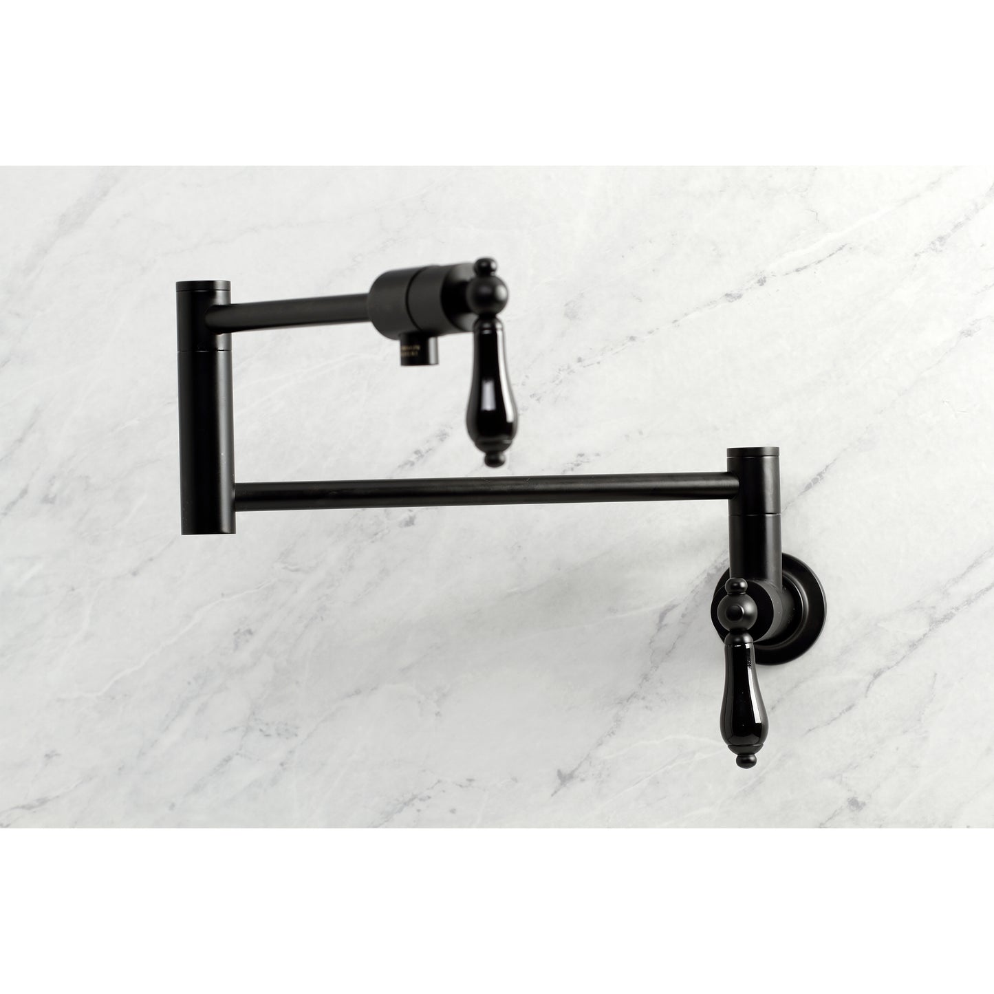 Kingston Brass KS4107PKL Duchess Wall Mount Pot Filler Faucet, Brushed Brass with black porcelain handles