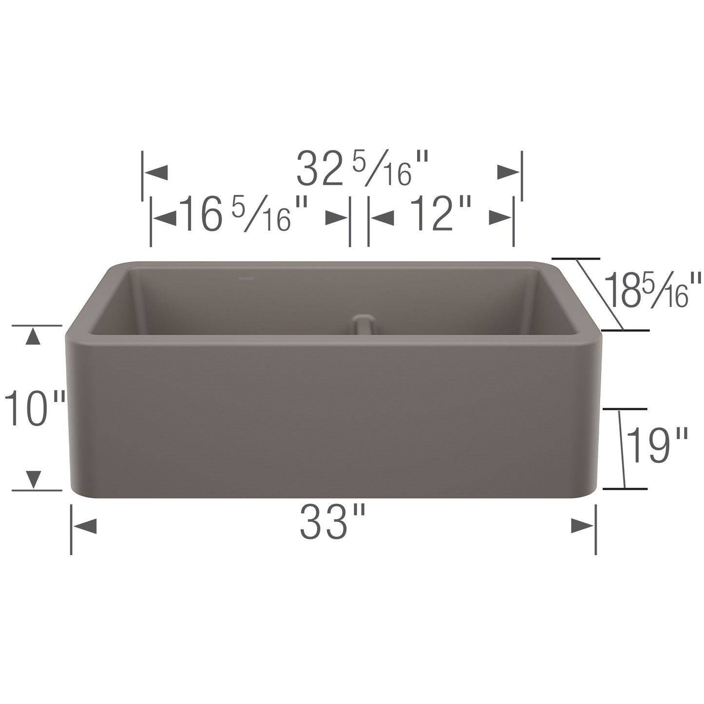 BLANCO Ikon SILGRANIT 33" Double Bowl Apron-Front Farmhouse Sink with Low Divide dimensions and specifications