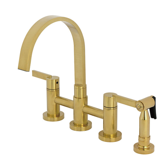 Kingston KS8267CTLBS Continental Bridge Kitchen Faucet with Brass Sprayer, Brushed Brass in a modern kitchen setting.
