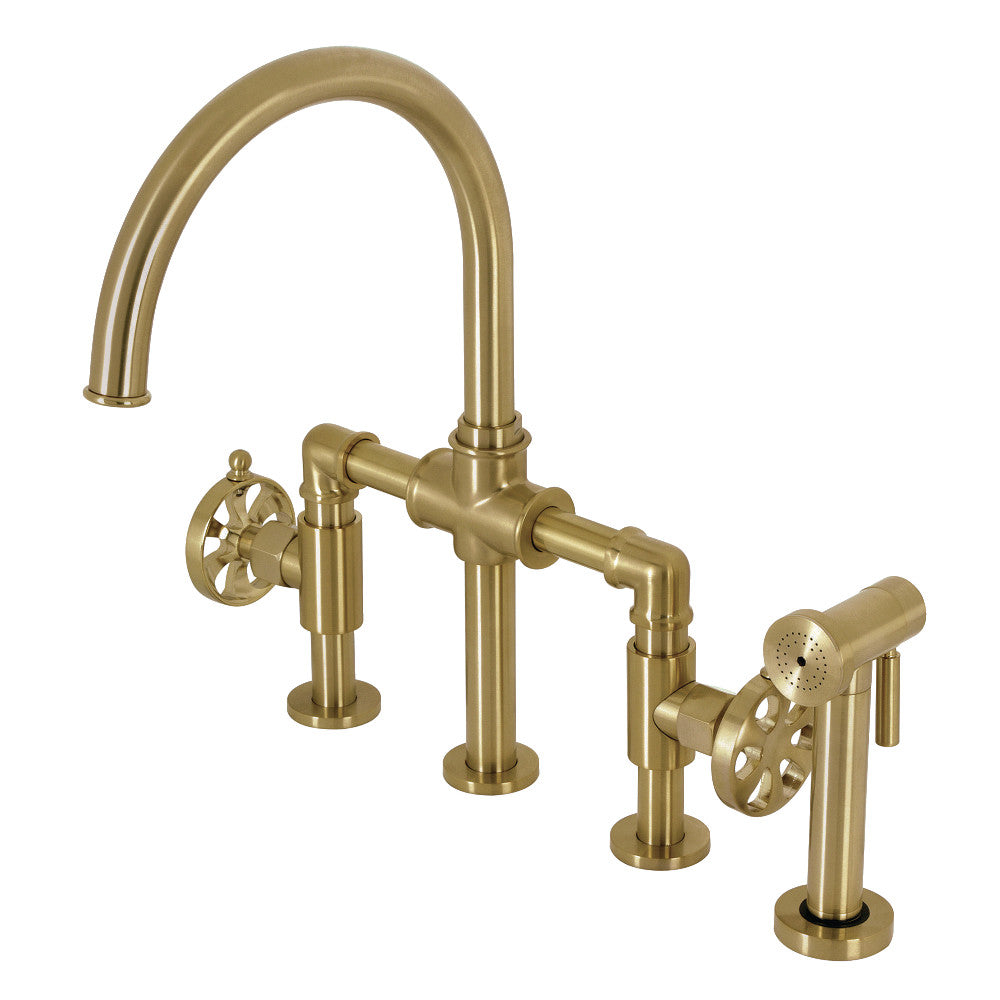 Kingston KS2333RX Belknap Industrial Style Bridge Kitchen Faucet with Brass Sprayer, Antique Brass