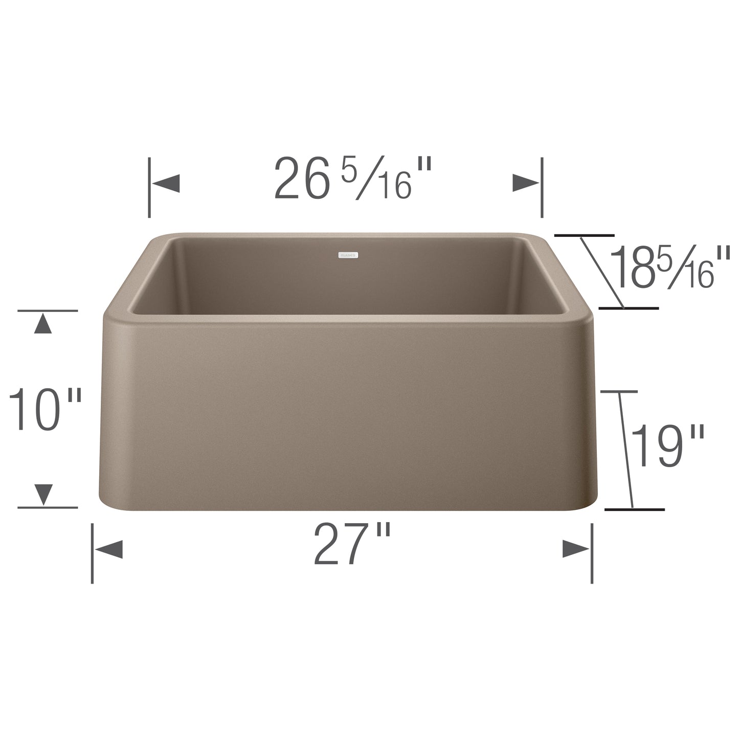 BLANCO Ikon SILGRANIT 27" Single Bowl Apron-Front Farmhouse Sink dimensions displayed in a detailed diagram.