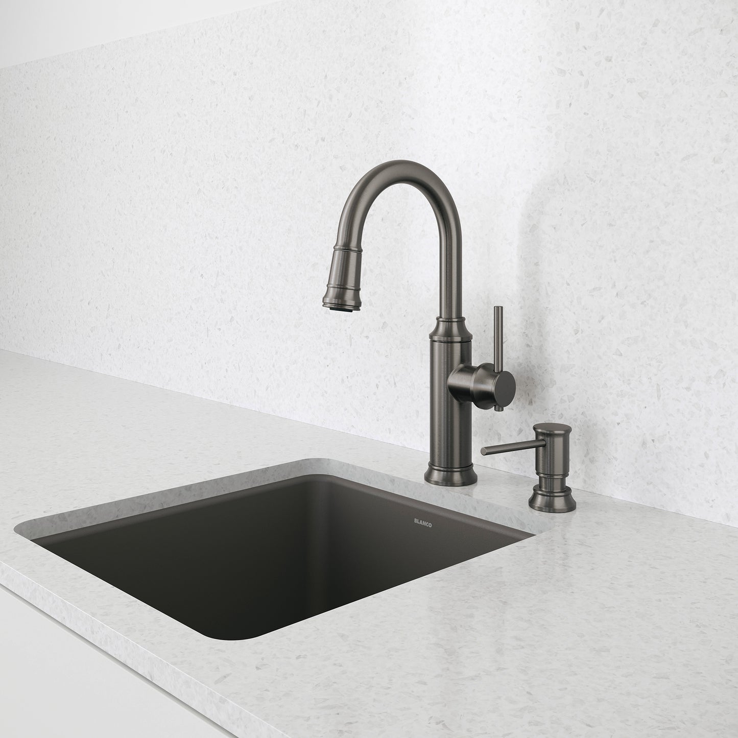 BLANCO Empressa Pull-Down Bar Faucet in a modern kitchen sink setup with sleek countertop.