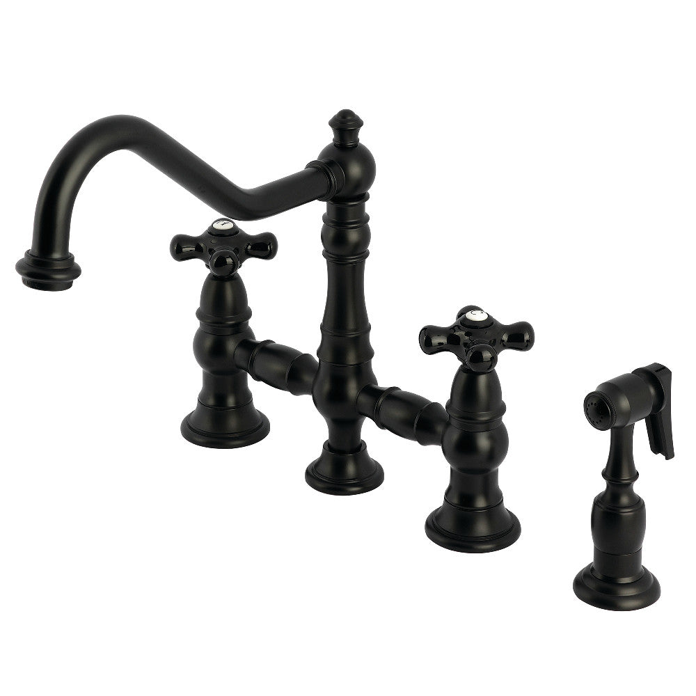 Kingston KS3277PKXBS Duchess Bridge Kitchen Faucet with Brass Sprayer, Brushed Brass in matte black finish