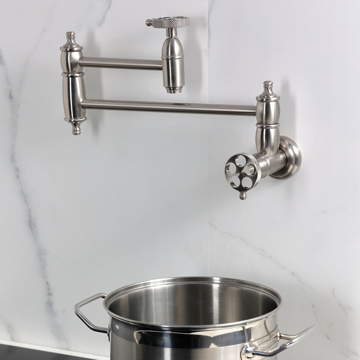 Kingston Brass KS3103RKX Webb Wall Mount Pot Filler Faucet with Knurled Handle, Antique Brass