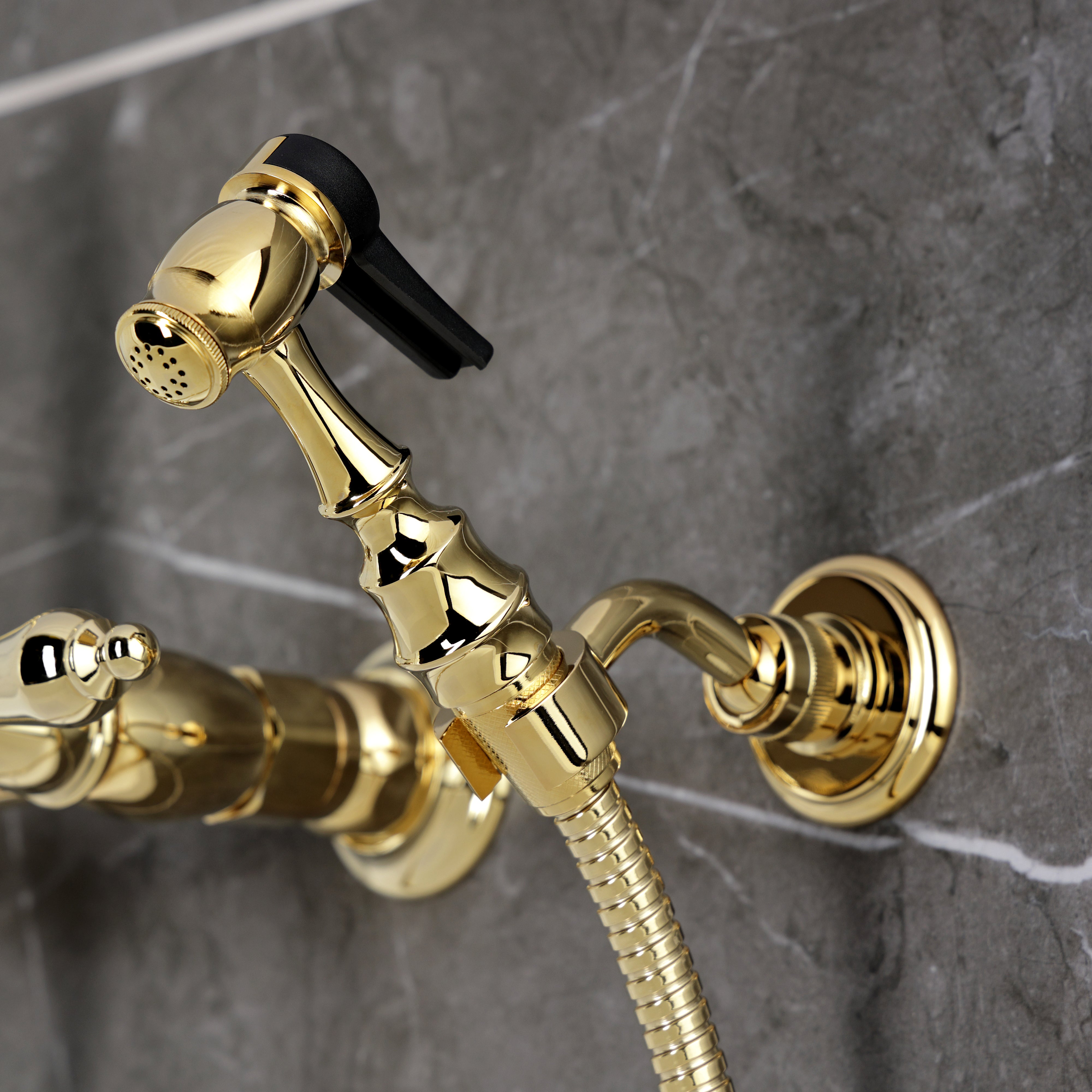 Kingston KS2443ALBS Heritage Two-Handle Wall Mount Bridge Kitchen Faucet with Brass Sprayer, Antique Brass side sprayer detail