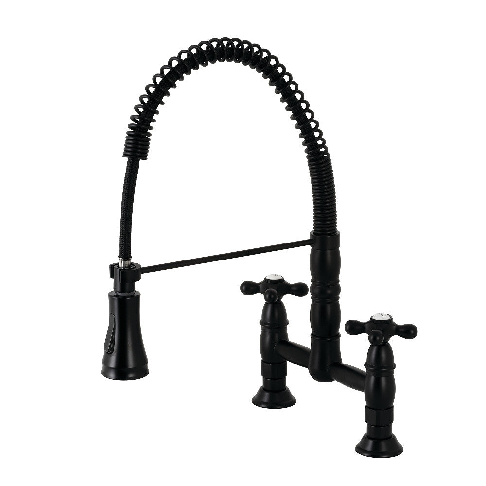 Gourmetier GS1273AX Heritage Double-Handle Deck-Mount Pre-Rinse Bridge Kitchen Faucet, Antique Brass in matte black finish.