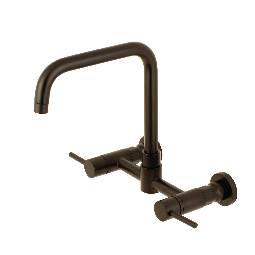 Kingston Brass KS8168DL Concord Wall Mount Bridge Kitchen Faucet in bronze finish with gooseneck design and dual handles.