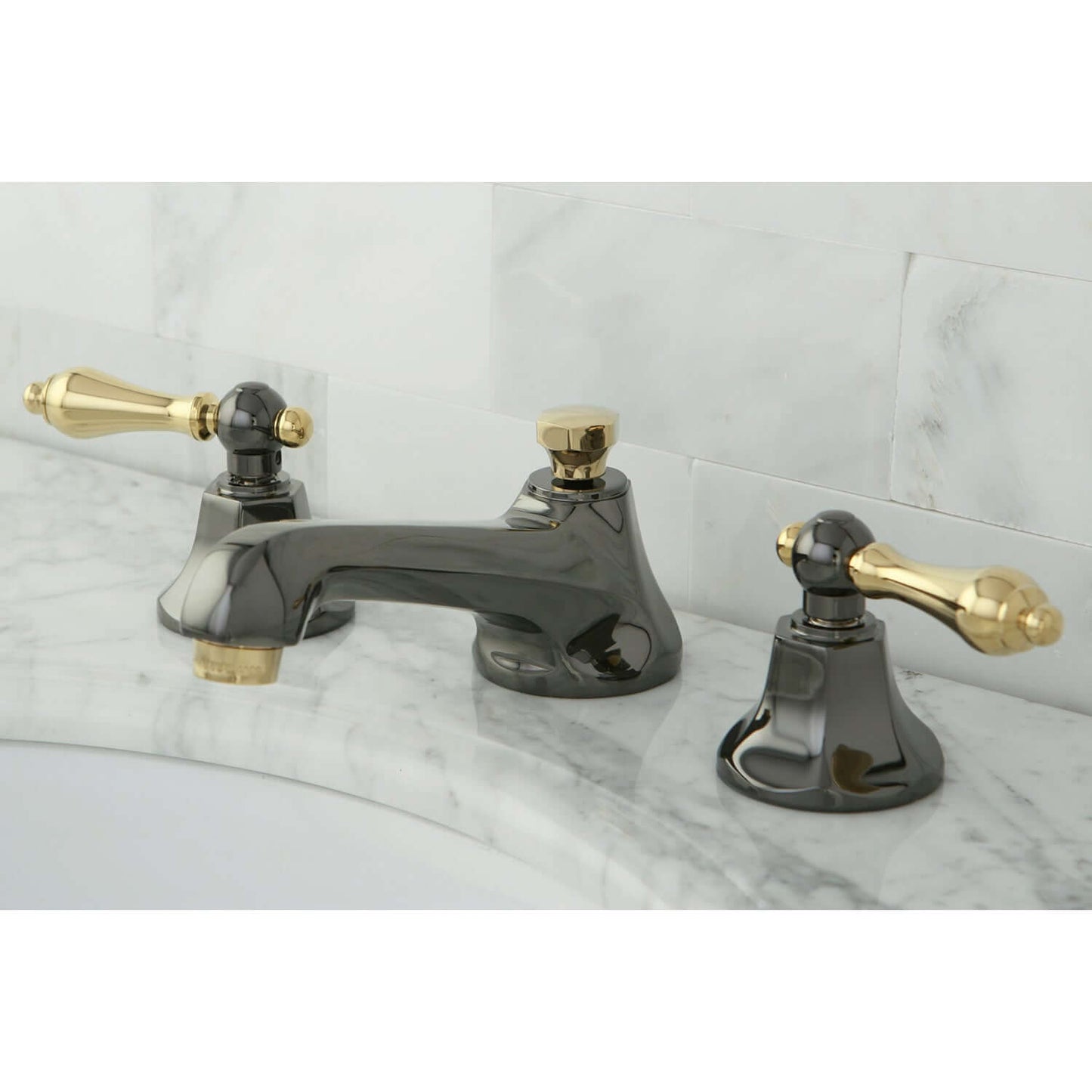 Kingston Brass NS4460AL Water Onyx Widespread Bathroom Faucet top right view showcasing modern handles and sleek design.