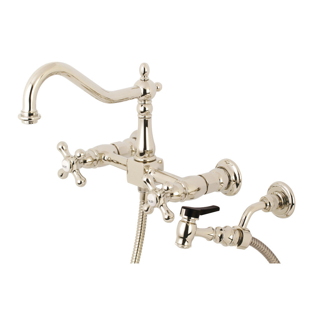 Kingston KS1243AXBS Heritage Two-Handle Wall Mount Bridge Kitchen Faucet with Brass Sprayer, Antique Brass