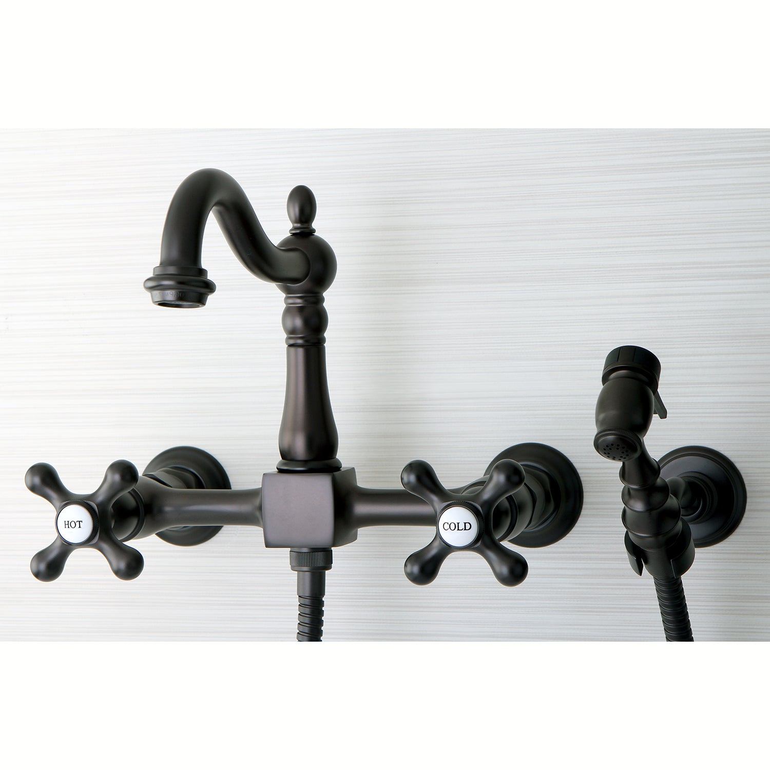 Kingston KS1263AXBS Heritage Two-Handle Wall Mount Bridge Kitchen Faucet with Brass Sprayer, Antique Brass