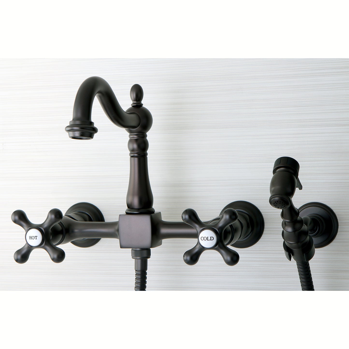 Kingston KS1263AXBS Heritage Two-Handle Wall Mount Bridge Kitchen Faucet with Brass Sprayer, Antique Brass