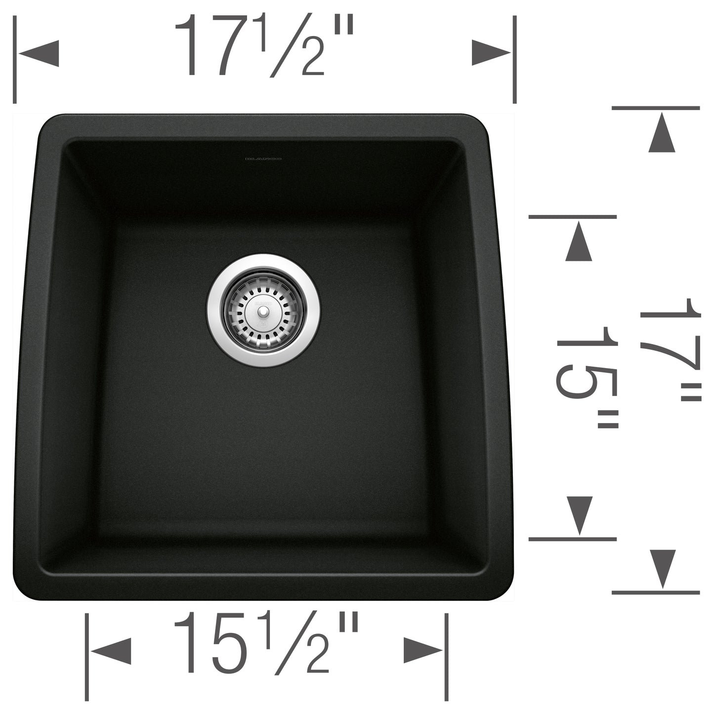 BLANCO Performa SILGRANIT 17" Undermount Bar Sink dimensions showing 17.5" x 15.5" x 15" size for compact design.