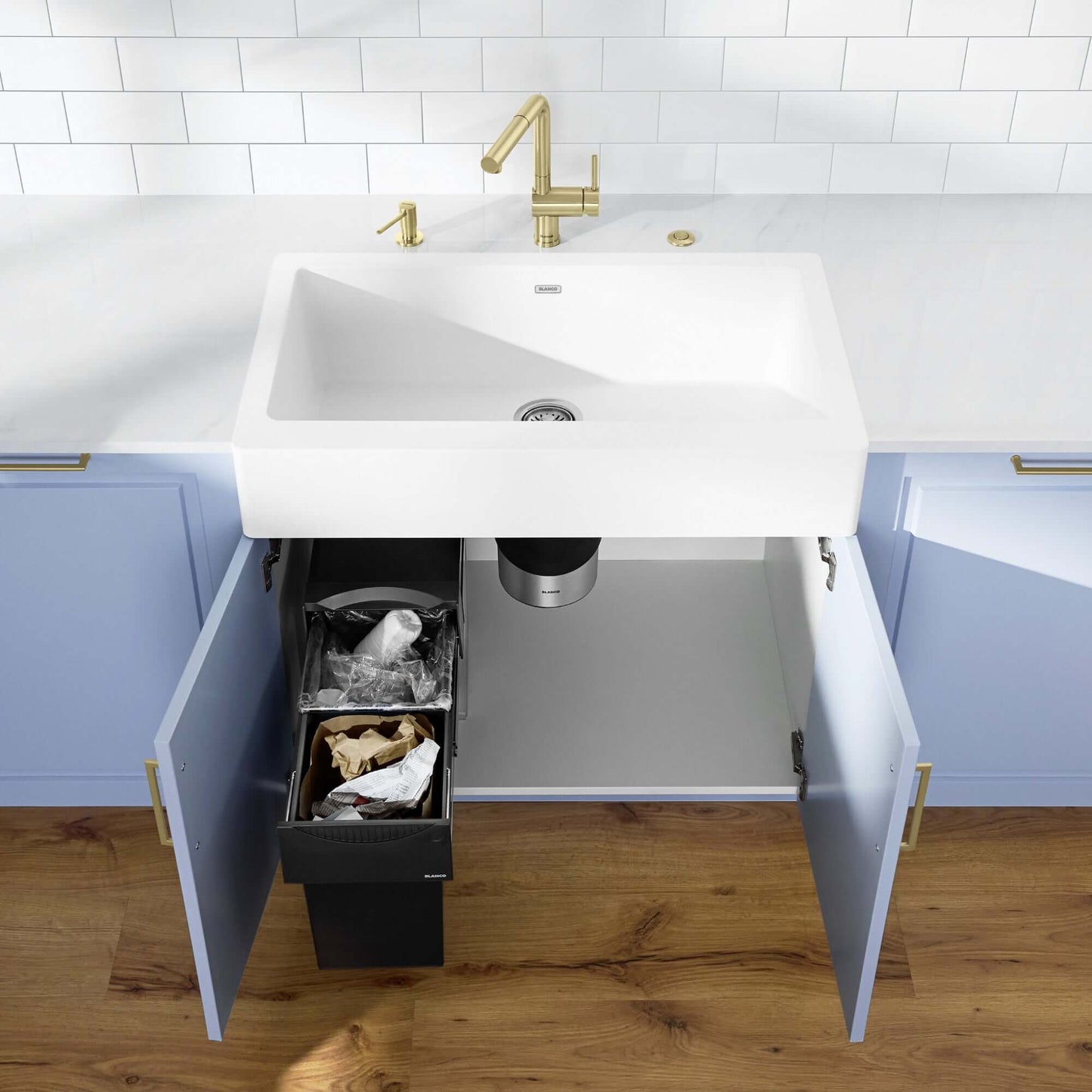BLANCO VINTERA 30" SILGRANIT Single Bowl Farmhouse Sink with modern kitchen cabinetry and pull-out trash bin.