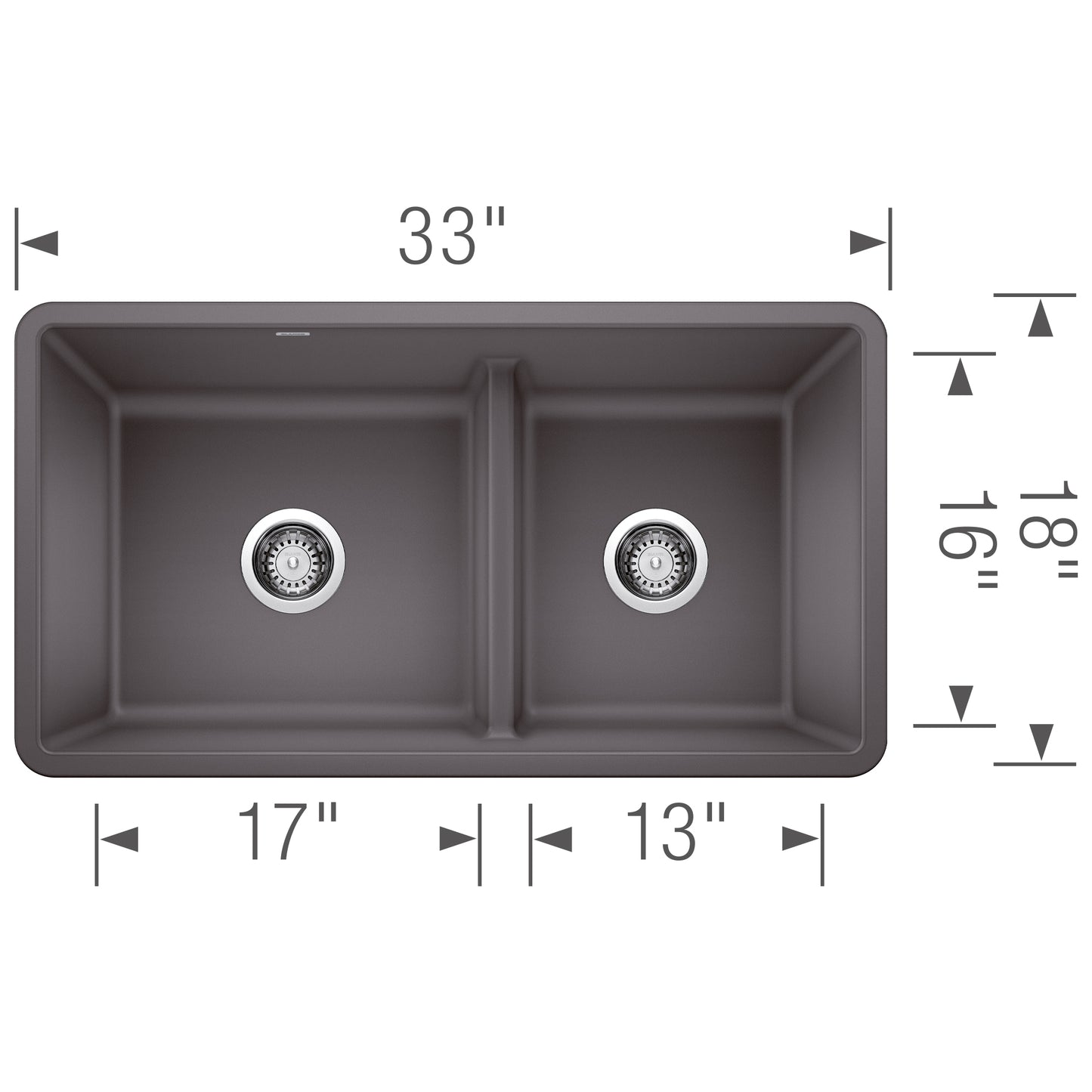 BLANCO Precis SILGRANIT 33" 60/40 Reversible Double Bowl Undermount Kitchen Sink with Low Divide dimensions and layout