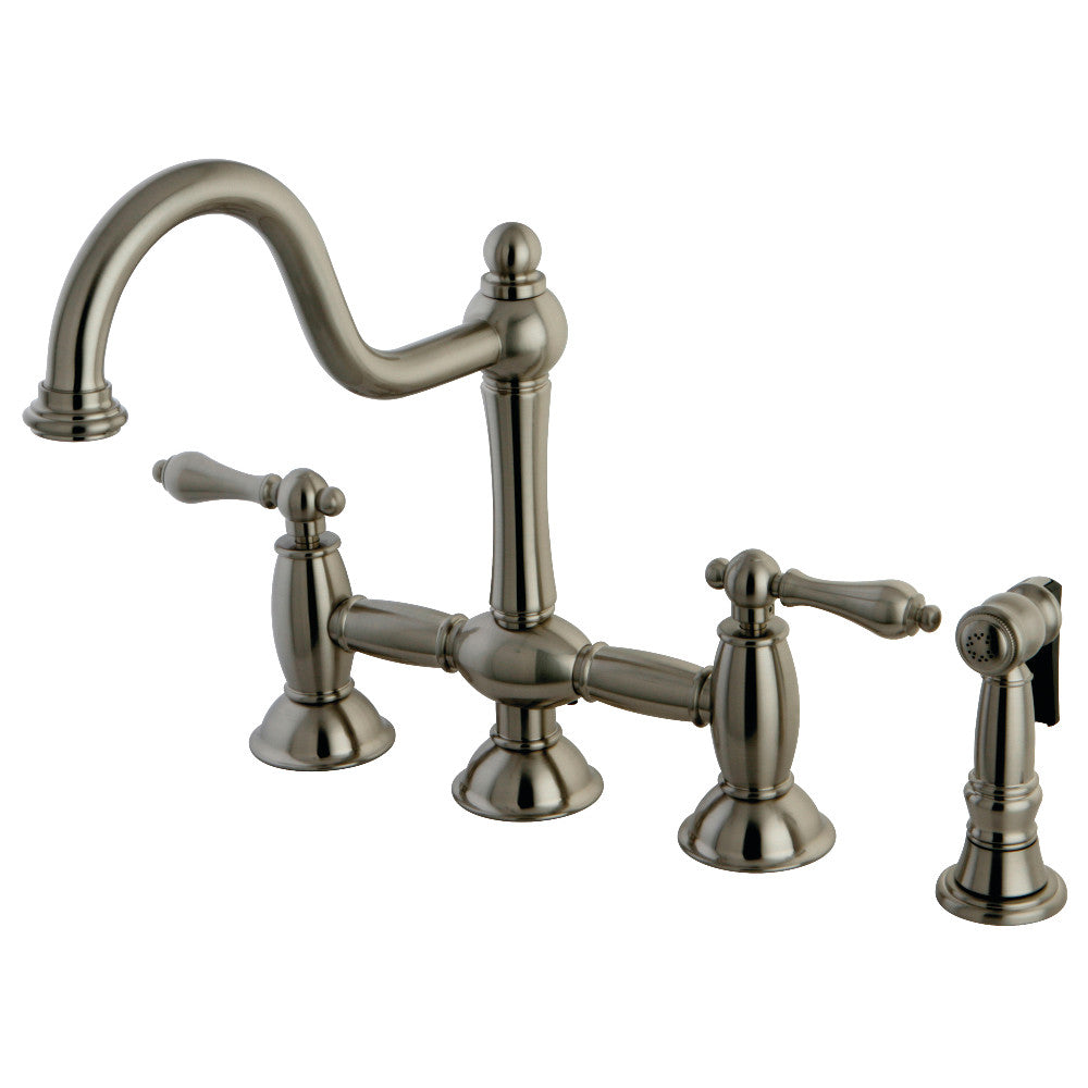 Kingston KS3798ALBS Restoration Bridge Kitchen Faucet with Brass Sprayer, Brushed Nickel, traditional charm kitchen faucet