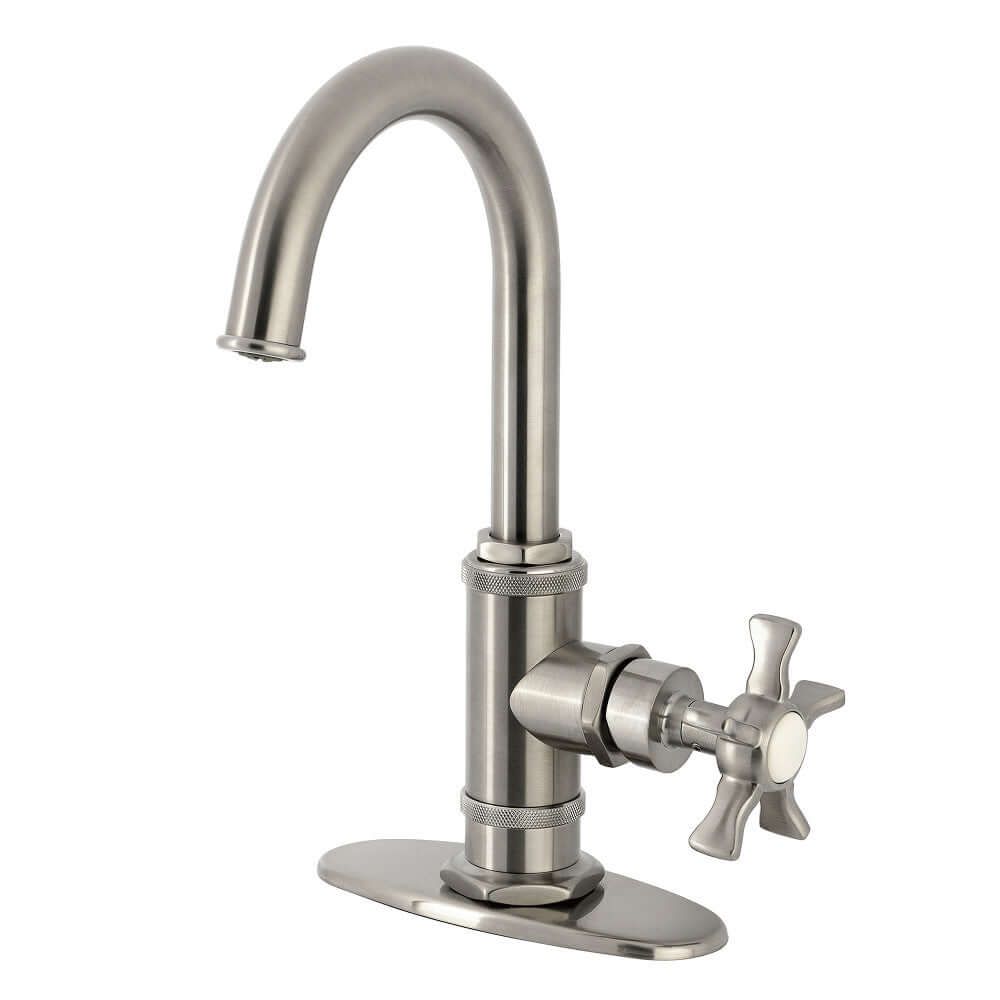 Kingston Brass KSD8503NX Hamilton Single-Handle Bar Faucet, Antique Brass, featuring a high spout and elegant design.