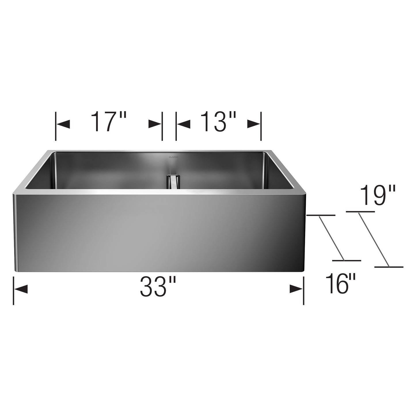 BLANCO Quatrus R15 33" 60/40 Double Bowl Apron-Front Stainless Steel Farmhouse Sink with Low Divide dimensions diagram