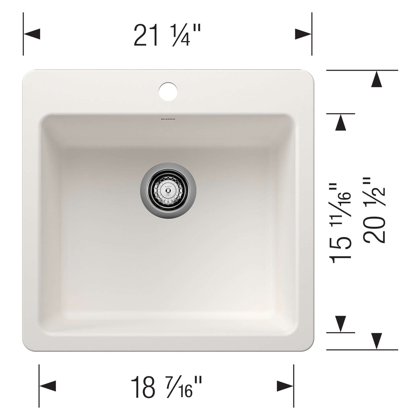 BLANCO Liven SILGRANIT 21" Single Bowl Dual Mount Kitchen Sink dimensions top view with measurements