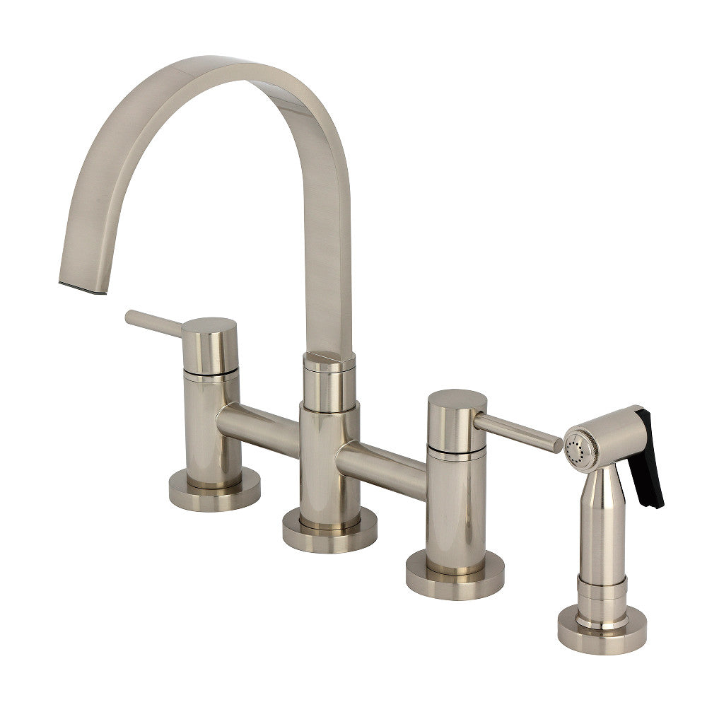 Kingston KS8267DLBS Concord Bridge Kitchen Faucet with Brass Sprayer, Brushed Brass - contemporary design with swivel spout.
