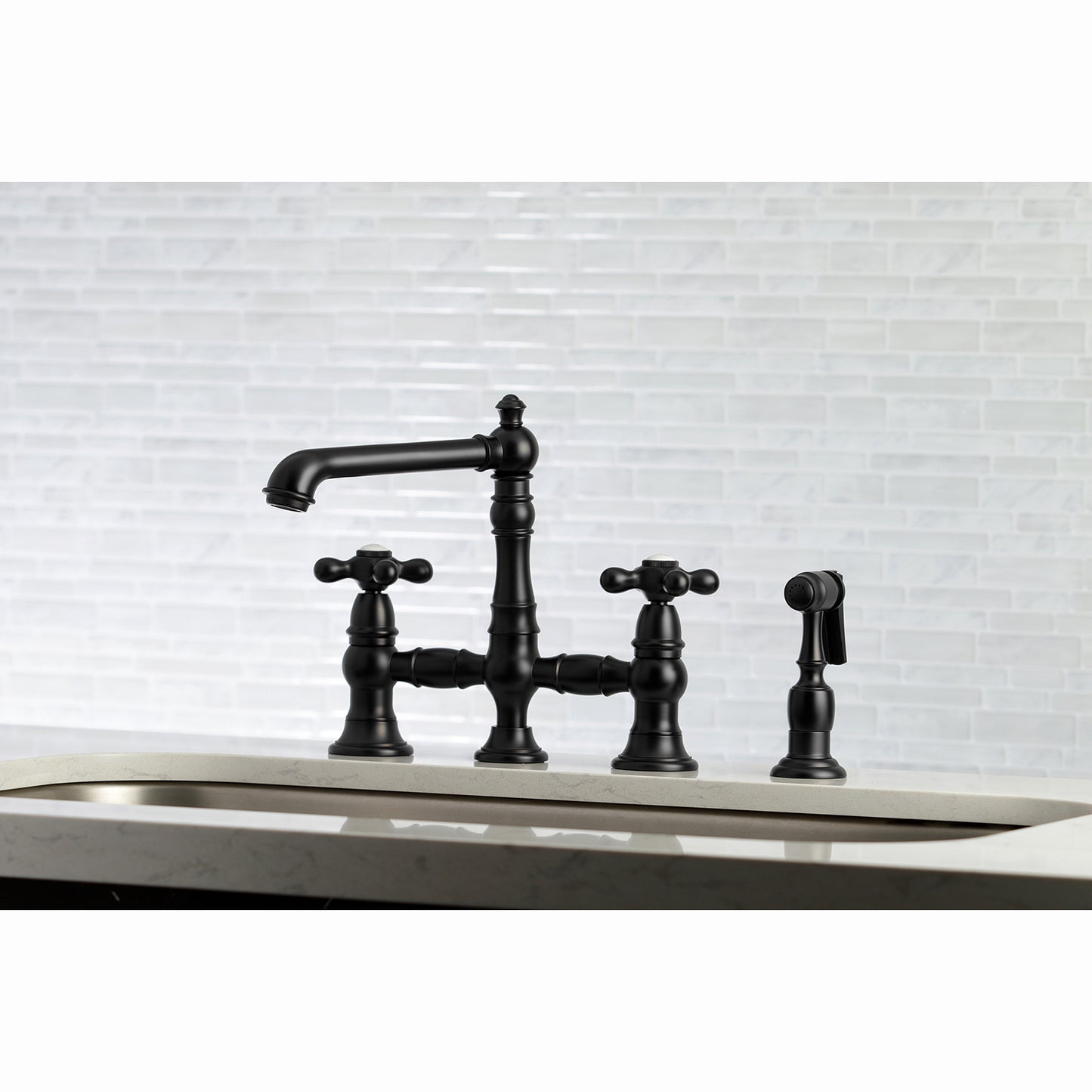 Kingston KS7277AXBS English Country Bridge Kitchen Faucet with Brass Sprayer, Brushed Brass in black finish