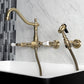 Kingston KS1243PLBS Heritage Two-Handle Wall Mount Bridge Kitchen Faucet with Brass Sprayer, Antique Brass