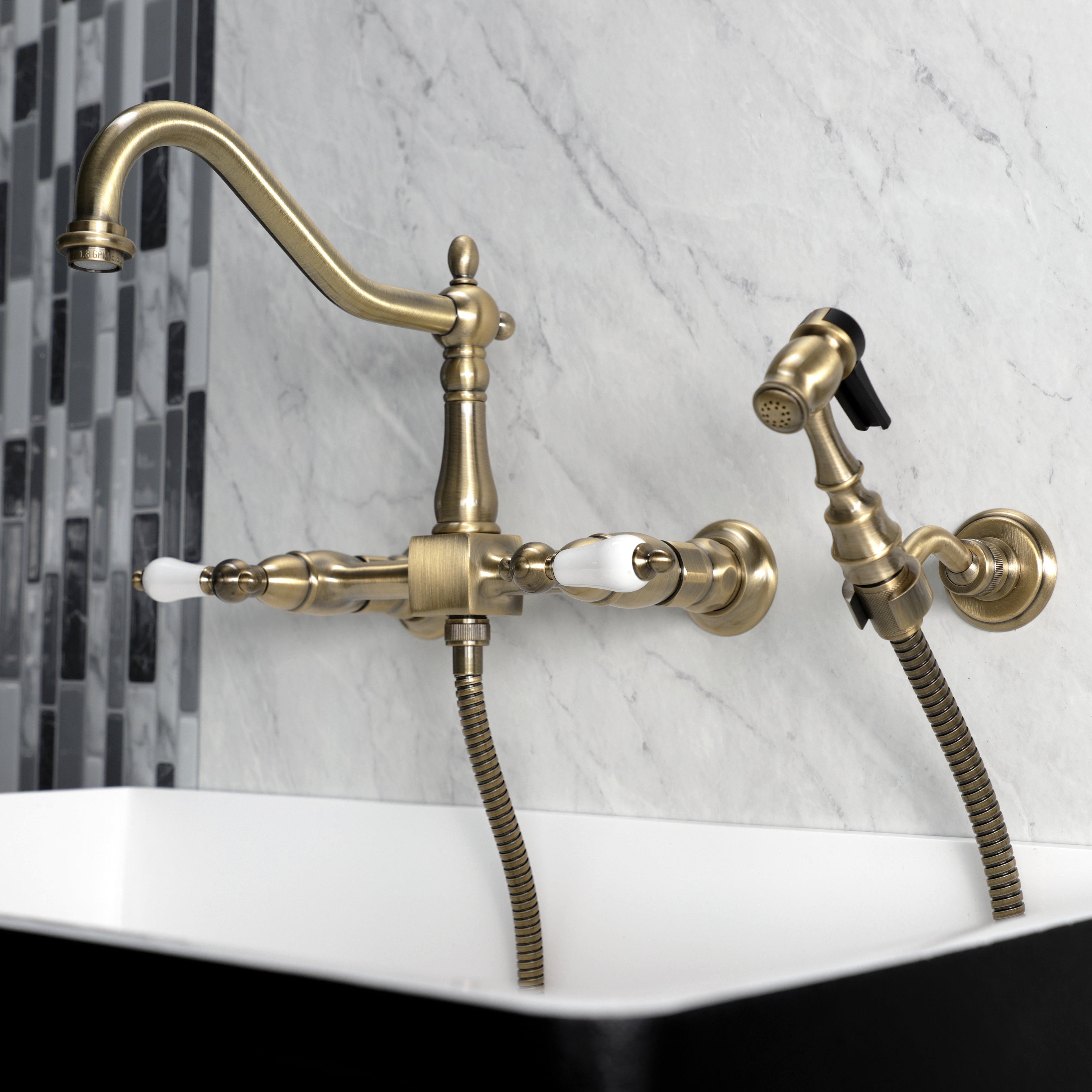 Kingston KS1243PLBS Heritage Two-Handle Wall Mount Bridge Kitchen Faucet with Brass Sprayer, Antique Brass