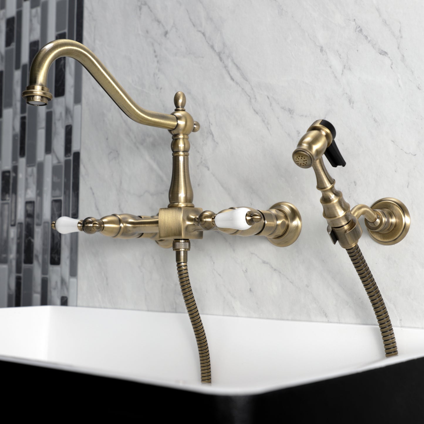 Kingston KS1243PLBS Heritage Two-Handle Wall Mount Bridge Kitchen Faucet with Brass Sprayer, Antique Brass