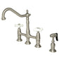 Kingston Brass Heritage Bridge Kitchen Faucet with Brass Sprayer and Cross Handles in Brushed Nickel