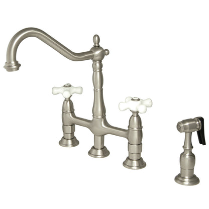 Kingston Brass Heritage Bridge Kitchen Faucet with Brass Sprayer and Cross Handles in Brushed Nickel