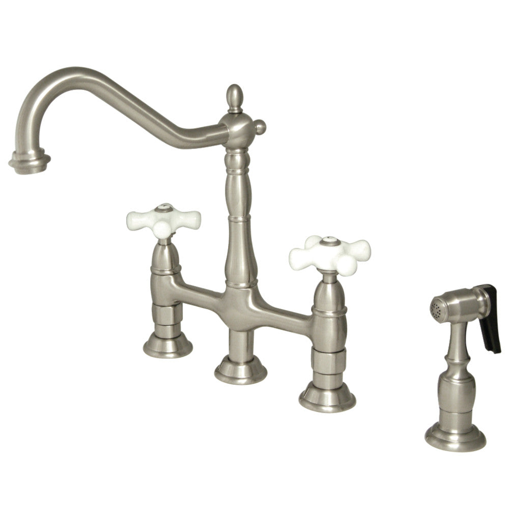 Kingston Brass Heritage Bridge Kitchen Faucet with Brass Sprayer and Cross Handles in Brushed Nickel