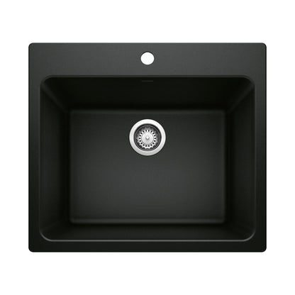 BLANCO Liven SILGRANIT 25" Single Bowl Dual Mount Laundry Sink in sleek black finish, designed for utility tasks.