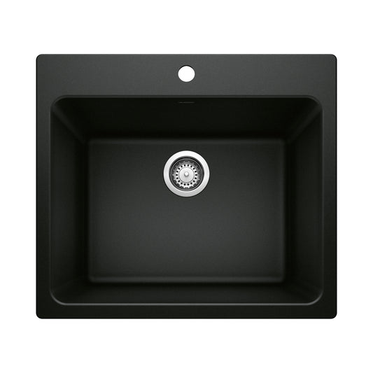 BLANCO Liven SILGRANIT 25" Single Bowl Dual Mount Laundry Sink in sleek black finish, designed for utility tasks.