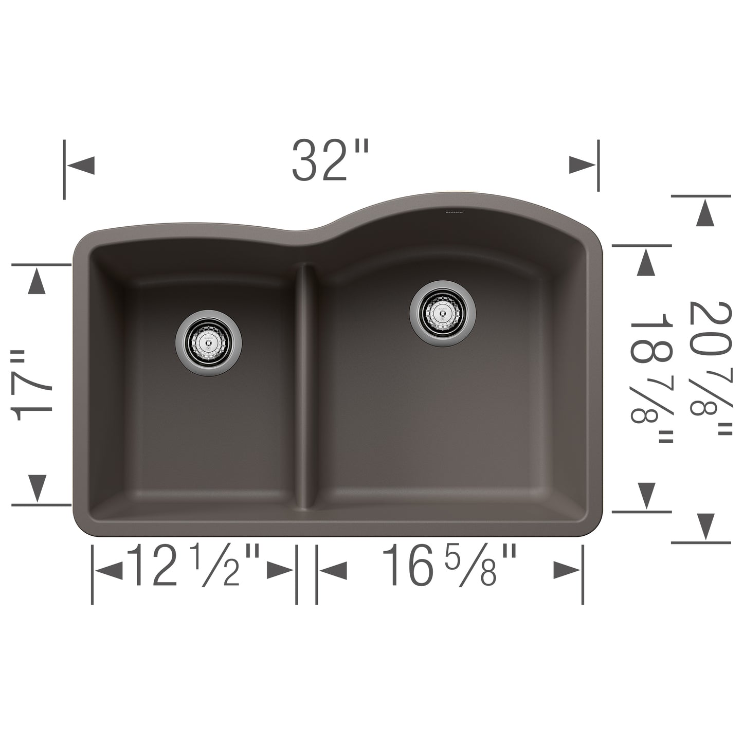 BLANCO Diamond SILGRANIT 32" 40/60 Reverse Double Bowl Undermount Kitchen Sink with Low Divide dimensions and design.