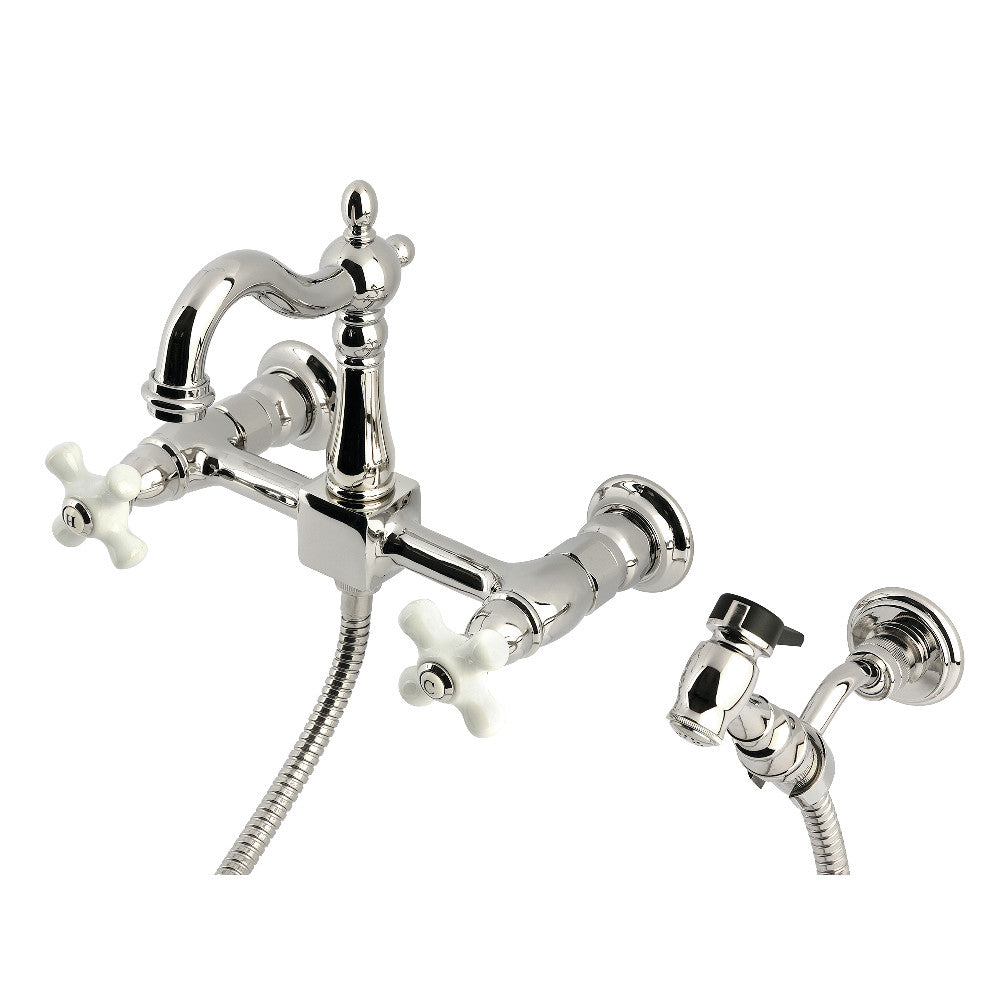 Kingston KS2443PXBS Heritage Two-Handle Wall Mount Bridge Kitchen Faucet with Brass Sprayer, Antique Brass in polished nickel finish