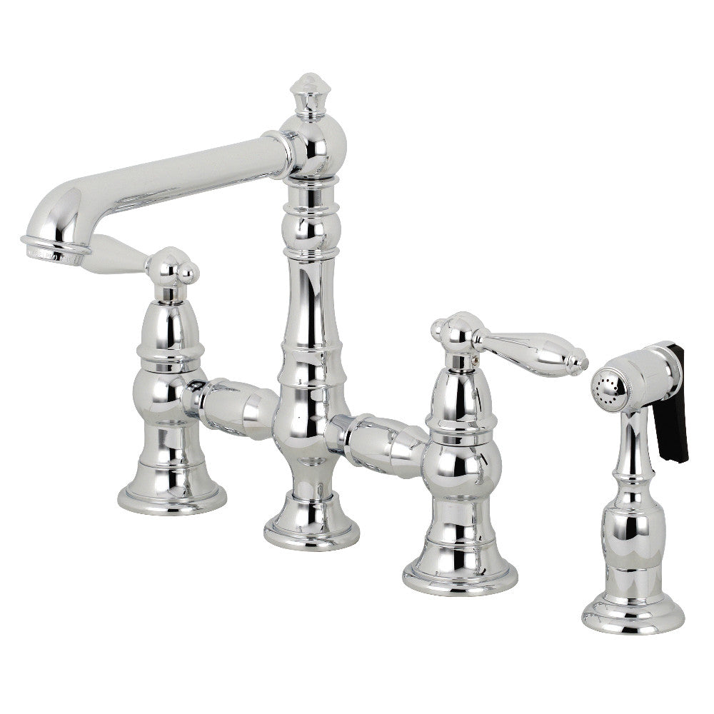 Kingston KS7277ALBS English Country Bridge Kitchen Faucet with Brass Sprayer, Brushed Brass, polished chrome finish