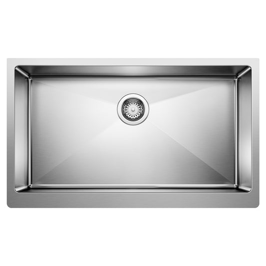 BLANCO Quatrus R15 32" Single Bowl Apron-Front Stainless Steel Farmhouse Sink, top view showing ample basin capacity.
