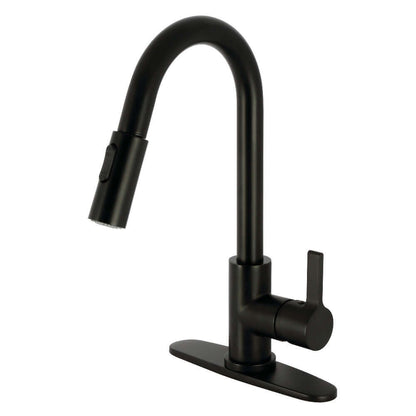 Kingston Brass LS8783CTL Continental Pull-Down Kitchen Faucet in matte black with high-arc spout and single-handle design.