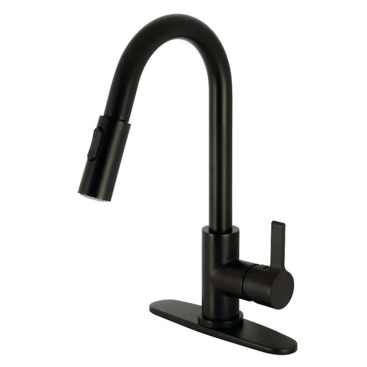 Kingston Brass LS8783CTL Continental Pull-Down Kitchen Faucet in matte black with high-arc spout and single-handle design.
