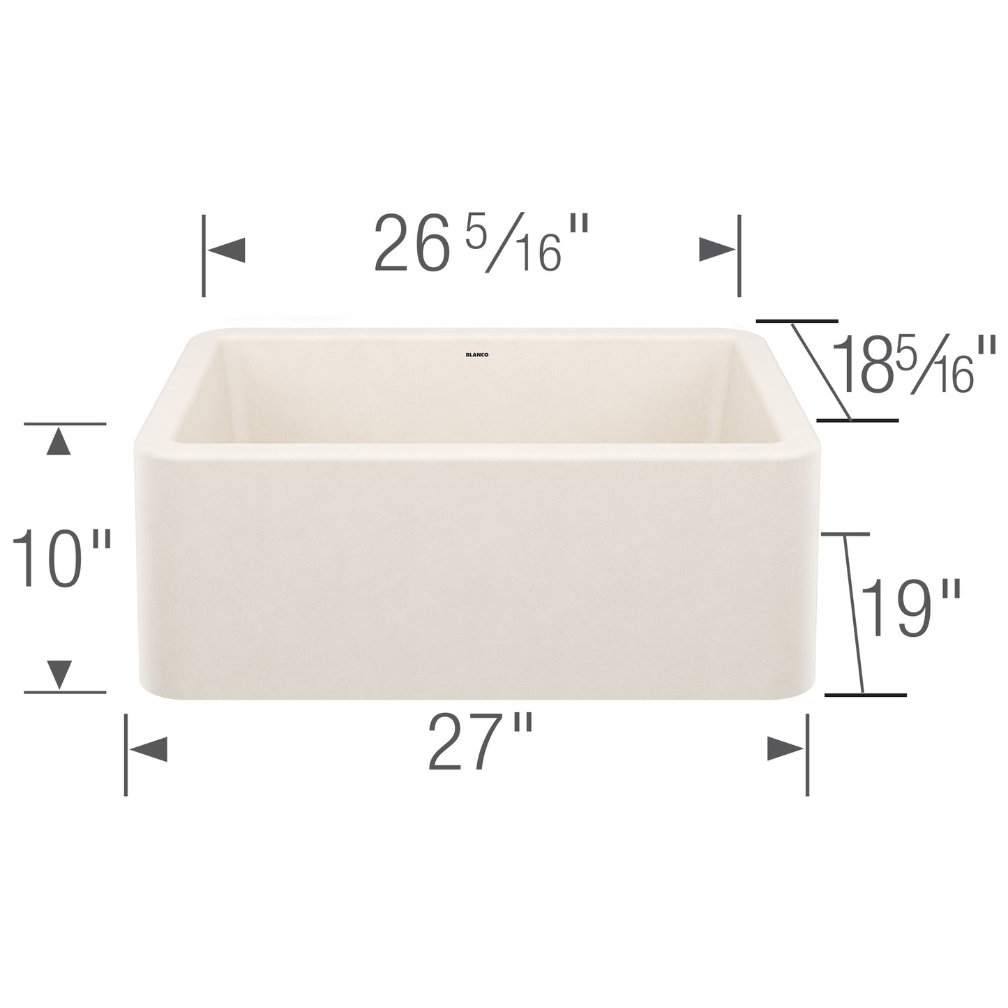 BLANCO Ikon SILGRANIT 27" Single Bowl Apron-Front Farmhouse Sink with dimensions shown.