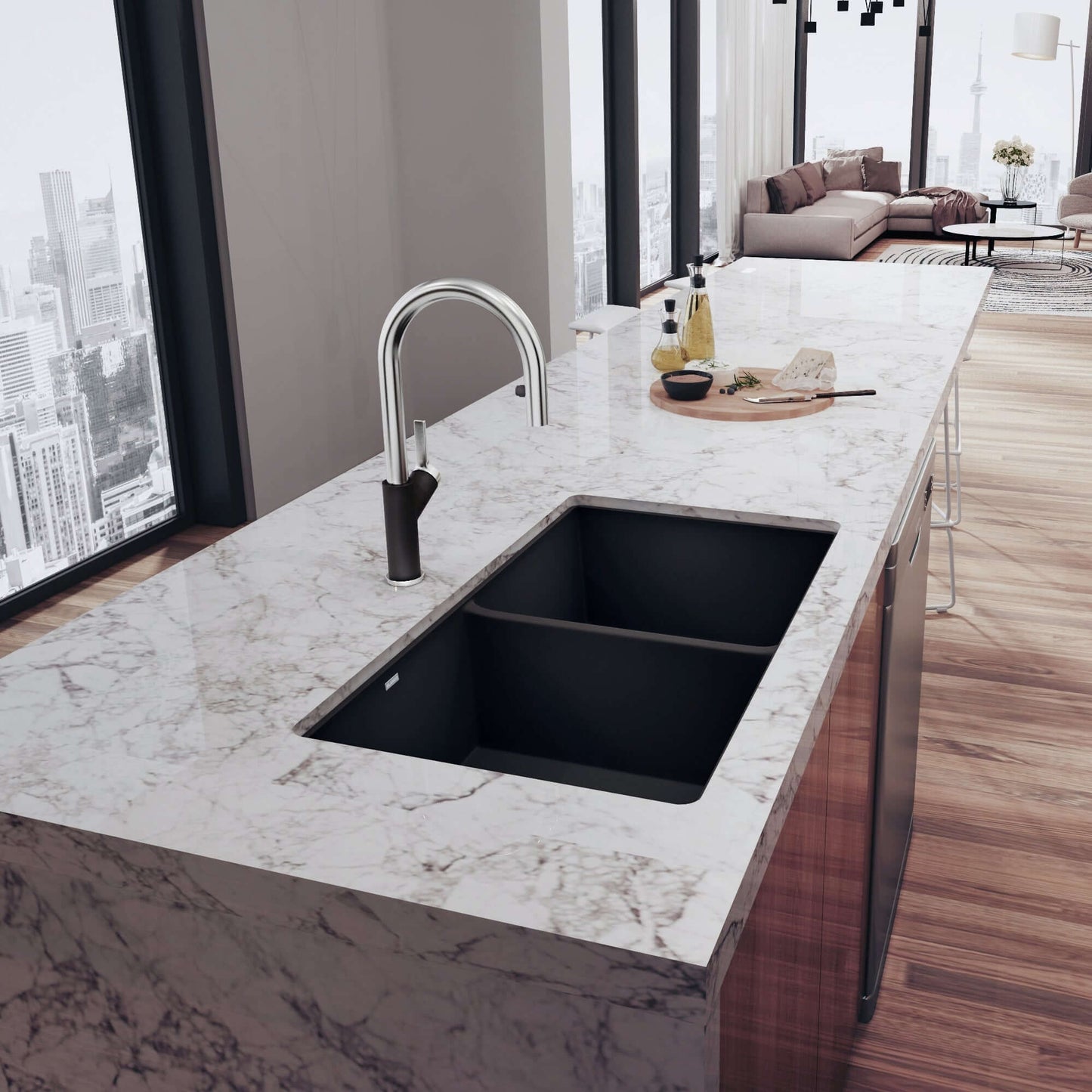 BLANCO Precis SILGRANIT 29" 50/50 Double Bowl Undermount Kitchen Sink with modern faucet on marble countertop.