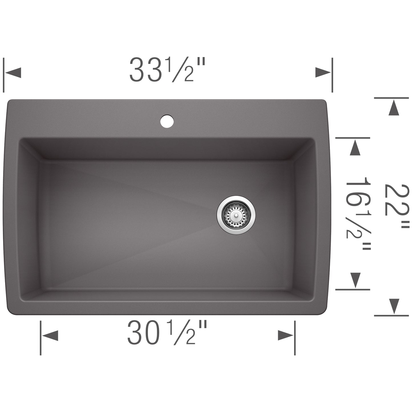 BLANCO Diamond SILGRANIT 33.5" Super Single Dual Mount Kitchen Sink dimensions with 33½" x 30½" x 22" measurements.
