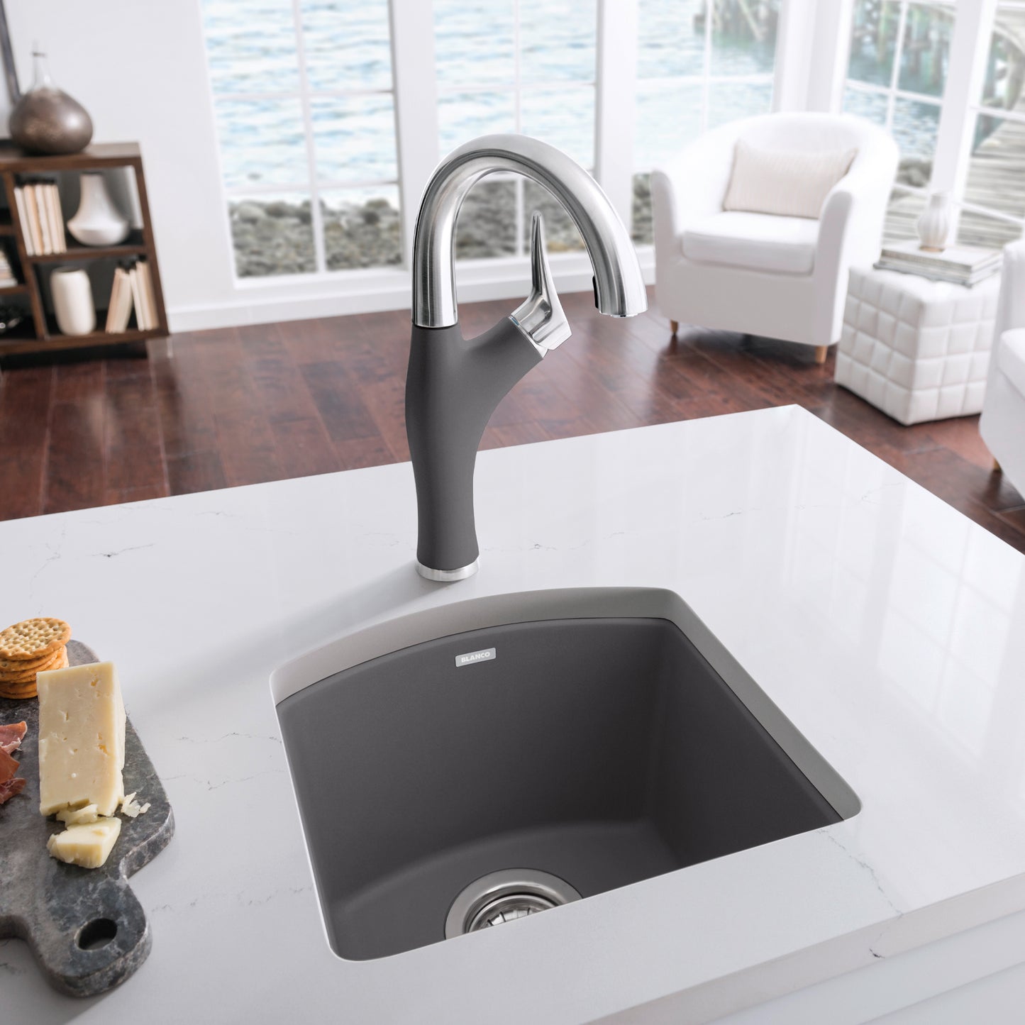 BLANCO Diamond SILGRANIT 15" Dual Mount Bar Sink with stylish faucet in modern kitchen setting